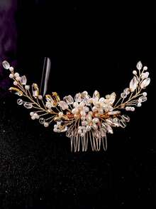 1件装女士优雅手工金属叶片粘土花朵配仿珍珠发梳，新娘婚礼派对发饰，发髻延长发饰，发型发夹，头部饰品，女士发饰 - 彩色 - 查看 6