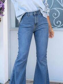 （棉混纺）女式复古膝盖破洞弹力喇叭牛仔裤 - 中等水洗藍 - 查看 4