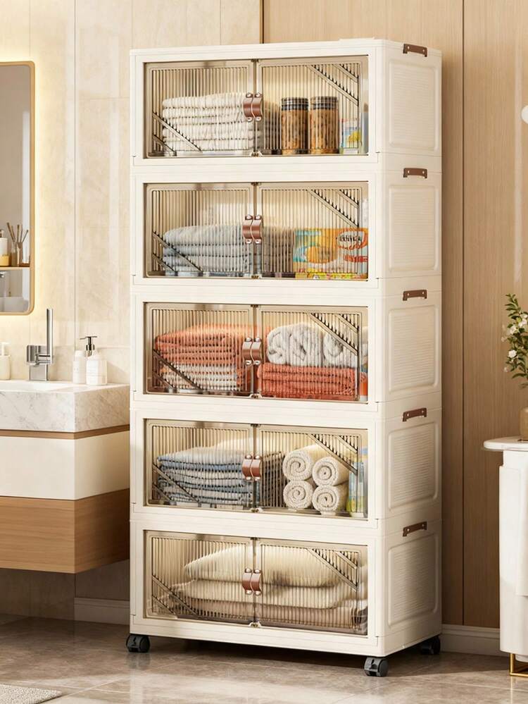 1pc (38cm-58cm Wide) Foldable Plastic Double Door Storage Cabinet, Collapsible Wardrobe, Home Portable Closet, Living Room Toy Cabinet, Snack Cabinet, Kitchen Storage Cabinet, Christmas & Halloween Gift, Bathroom Tissue Box, Bedroom Floor Rack, Collapsible Shoe Rack - Clear - View 7