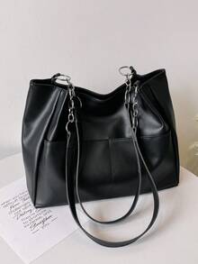 Multi-Pocket Solid Color Chain Handbag & Shoulder Bag - Black - View 9