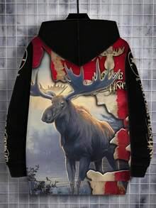 Men'S Moose Print Hoodie - Stylish Full-Zip Sweatshirt With Drawstring, Pockets & Durable Material, Unique Wildlife Design For Casual Outdoor Wear, Perfect Gift For Autumn & Winter, Outdoor Sportswear |   Moose Graphic Hoodie |   Durable Sportswear - 彩色 - 查看 7