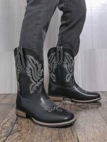 情侣款西部牛仔靴，男女通用 | 黑色刺绣中筒靴 | 复古防滑鞋底 | 时尚男女靴 - 日常穿着/街头穿搭/牛仔竞技