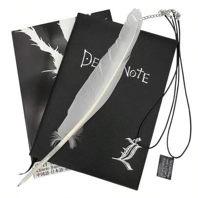 Japanese Anime-Style Black Notebook With A Decorative Quill Pen - Gothic Inspired Design, Featuring An "L" Logo And Pen Ring. Suitable For Diaries, Sketchbooks, Cosplay Accessories, And Manga Fan Gifts.