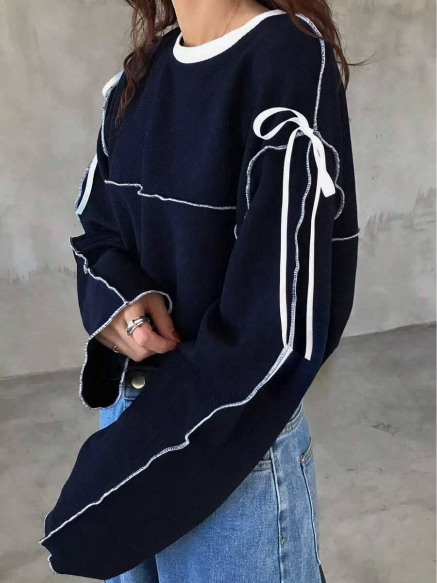 Plus Size Solid Color Bowknot Contrast Color Sweatshirt - Blue - View 1