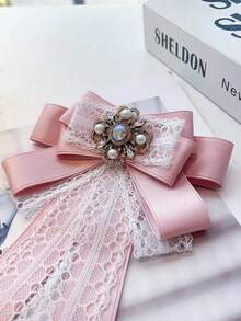 1件花卉印花优雅涤纶领带，复古蕾丝蝴蝶结发夹配精致水晶珍珠顶夹，仙气飘飘的雪纺丝带发饰 - 粉色 - 查看 3