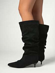 Fall/Winter 2025 New Arrival Kitten Heel Pleated Thigh High Boots, Pointed Toe Over The Knee Tall Boots, Retro Oversized Shaft Riding Boots - Black - View 3
