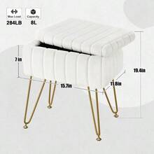 Vanity Stool Chair With Storage Faux Fur Makeup Chair For Vanity 15.7"L X 11.8"W X 19.4"H Soft Ottoman 4 Metal Legs With Anti-Slip Feet Modern Multifunctional Chairs For Bedroom White - White - View 3