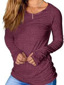 Women's Long Sleeve Ruched Casual Top - Soft Stretchy | Crew Neck, Long Sleeve, Side Ruched Detail, Comfort Fabric, Slim-Fit Silhouette - New Year Daily & Athletic Outings, Fall Winter Versatile Wear - 酒紅色 - 查看 1