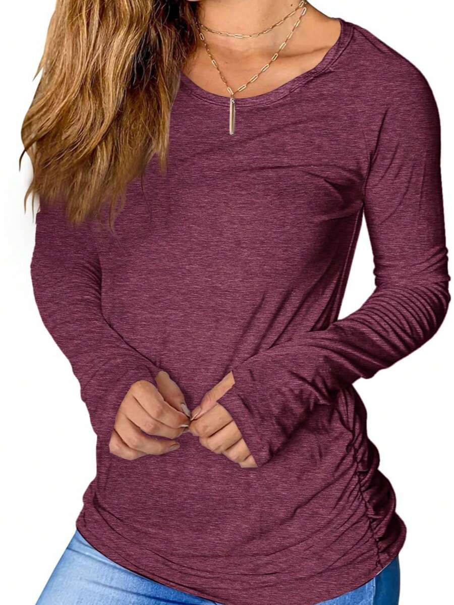 Women's Long Sleeve Ruched Casual Top - Soft Stretchy | Crew Neck, Long Sleeve, Side Ruched Detail, Comfort Fabric, Slim-Fit Silhouette - New Year Daily & Athletic Outings, Fall Winter Versatile Wear - 酒紅色 - 查看 1