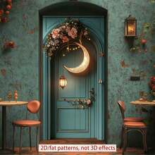 2D Polyester Ramadan Door Banner 1pc Exquisite Moon - Shaped Decor With Lantern And Floral Arrangement For Door Eid Al-Fitr Photo Props And Supplies, Suitable For Muslim Ramadan And Eid Al-Adha Celebrations, Islamic-Themed Holiday Decorations