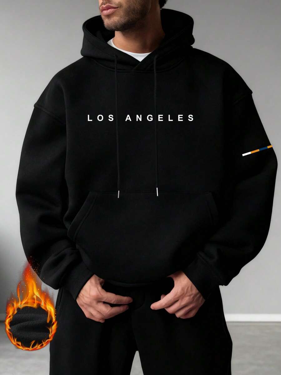 男士秋冬极简黑色连帽衫，洛杉矶风情，长袖上衣