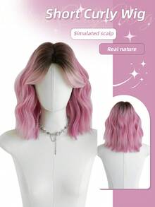 1 buc peruci scurte ondulate Ombre roz pentru femei, peruci Bob buclate, ondulate, cu partea centrală, cu rădăcini închise la culoare, fibră de păr sintetică naturală rezistentă la căldură, pentru utilizare zilnică sau școlară, perfectă pentru sărbători, festivaluri de muzică, sărbători Sakura, cadou de absolvire și cadou pentru accesoriul perucii prietenului