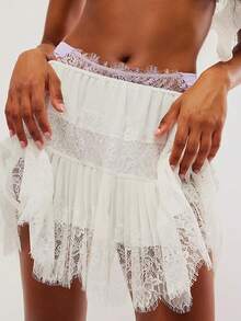 Women Y2k Lace Mini Skirt Fairy Mesh Floral Mid Low Rise Ruffle Half Slip Skirt Layered Flowy Short Skirt Streetwear - 白色 - 查看 1