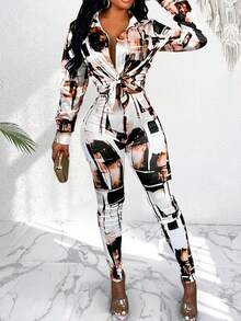 2pcs Women's Casual Printed Lapel Cardigan And Skinny Leggings Set - Multicolor - View 1