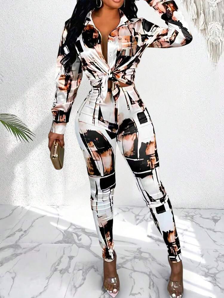 Bộ 2 chiếc áo len cardigan có ve áo in họa tiết thông thường và quần legging skinny dành cho nữ - Nhiều màu - Xem 1