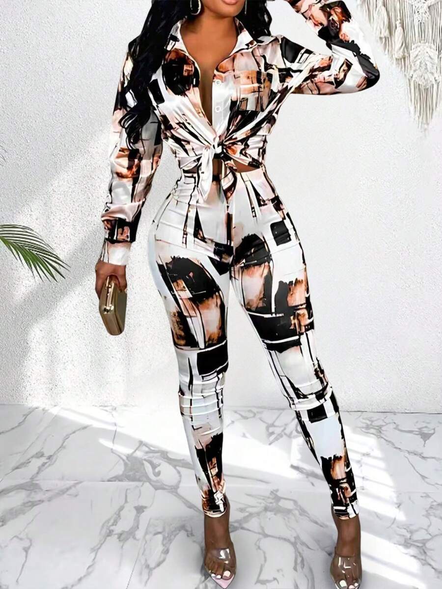 2pcs Women's Casual Printed Lapel Cardigan And Skinny Leggings Set - Multicolor - View 1