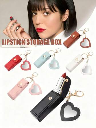 1pc Mini Lipstick Case With Mirror, Portable PU Leather Keychain Lipstick Holder - Pink Cosmetic Bag Makeup Storage Box, Lipstick Pouch, Thanksgiving Gift For Girls, Women, Moms, Lipstick Bag, Women's Gift, Girl's Gift, Girlfriend Gift, Women's Gift, Christmas Gift, Creative Women's Gift
