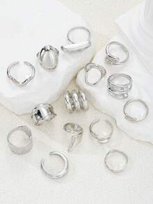 14件套复古时尚优雅高品质几何不对称纹理液态心形水滴交叉多层简约波浪金属粗戒套装，百搭日常、派对、女士礼物 - 銀色 - 查看 3