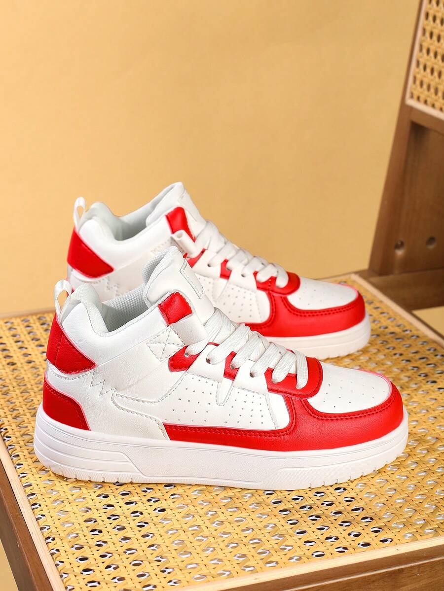 Cute And Casual All-Season Non-Slip Comfortable Versatile Wear-Resistant Lightweight High-Top Flat Shoes For Boys And Girls, Suitable For School, Running, And Sports. - 紅白色 - 查看 1