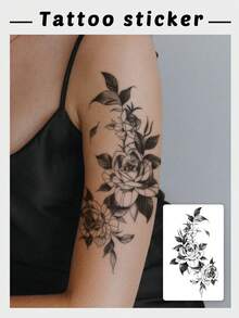 1 片防水、防汗、可水洗的深色逼真玫瑰图案临时纹身贴纸 - 防水持久的复古高端手臂纹身，小众艺术风格逼真贴纸 - 黑色 - 查看 1