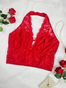 EZNV Christmas Hot ! Red Lace Halter With Boning, Plus Size Flattering Party Wear Top - Red - View 6