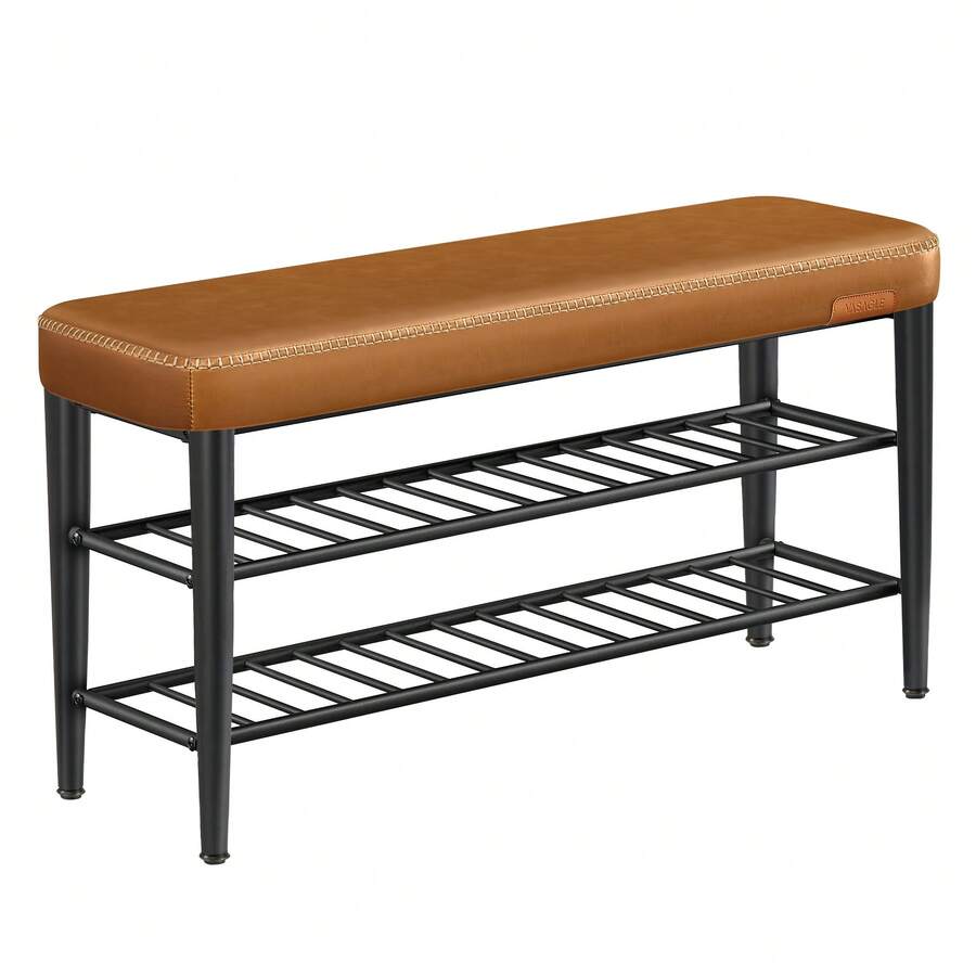 EKHO Collection - Shoe Storage Bench, Shoe Rack Bench Entryway, Synthetic Leather With Stitching, Mid-Century Modern, Loads 135 Kg, 30 X 100 X 50 Cm, Caramel Brown - màu nâu - Xem 1