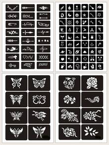 4pcs Multi-Pattern Hollow Tattoo Stickers, A4 Large Size Butterfly Rose Figure Design, Personalized Customization, Semi-Permanent Tattoo Template Stickers - Black - View 2