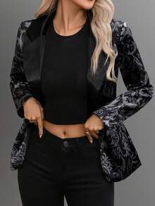 Áo khoác blazer dáng ôm tay dài, cổ khoét chữ V thanh lịch, đơn hàng khuy, chất liệu vải jacquard cho nữ, mùa xuân/thu - màu đen - Xem 10