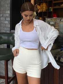 Livesso Damen Lässig einfarbige Shorts mit hoher Taille, Sommer - Weiss - Übersicht 3