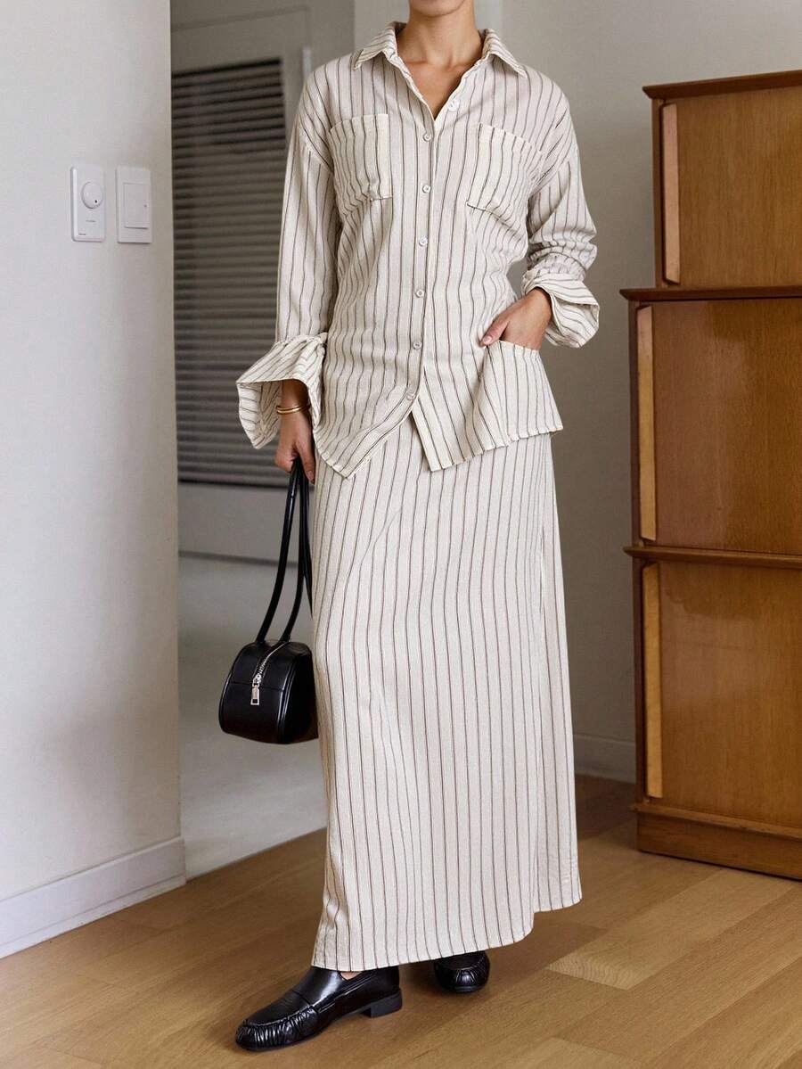 DAZY Women's Casual Striped Shirt And Skirt 2 Pieces Set Lounge Sets For Women - Apricot - View 1