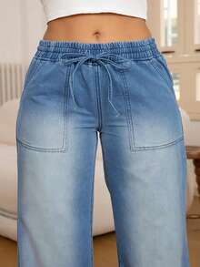Plus Size Women's Elastic Waist Drawstring Straight Leg Jeans Casual Spring - Light Wash - View 6