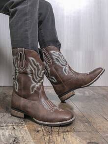 Unisex Couple Western Cowboy Boots | Black Embroidered Mid-Calf Retro Boots | Non-Slip Sole - For Men & Women Daily/Street Wear