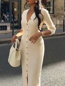 Yuwenier Elegant V-Neckline Long Sleeve Slim-Fit Rib-Knit Gray Long Knit Sweater Dress Button Front Regular Hem Autumn/Winter For Everyday Casual Wear - Apricot - View 6