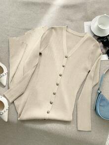 Yuwenier Elegant V-Neckline Long Sleeve Slim-Fit Rib-Knit Gray Long Knit Sweater Dress Button Front Regular Hem Autumn/Winter For Everyday Casual Wear - Apricot - View 8