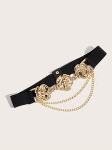 1pc Gold Rose Hollow Buckle Elastic Waist Chain Belt For Women - Golden Rose - View 3