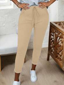 大码女式弹力腰抽绳裤，多种颜色可选，高弹力，休闲运动风，适合朋友聚会、短途旅行、散步和春季健身热身。 - 杏色 - 查看 3