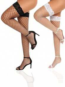 1/3 Pairs Plus Size Women Sexy Thigh High Socks, Lace Hollow Fishnet Over-The-Knee Socks, Fashionable Knee High Socks, Suitable For Holidays, Halloween, Carnival, Christmas - Multicolor - View 3