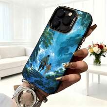 Cubierta de telefono para iPhone con diseño de paisaje montañoso azul con pareja caminando en naturaleza estilo anime para uso diario y viajes - Negro - Ver 6