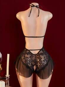 女士蕾丝连体衣 - 性感露裆内衣 - 黑色 - 查看 3