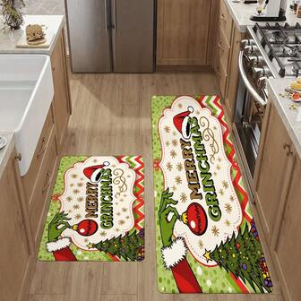 Christmas Grinchmas Kitchen Mat, Merry Grinchmas Green Red Ornament Christmas Tree Design Non-Slip Floor Mat, Festive Christmas Themed Home Decor Rug For Kitchen Living Room Bedroom, 18x48 Inches Li