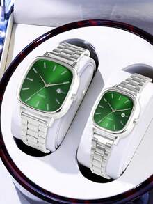 Couple's Watch Set With Calendar Function, Adjustable Strap, Fashionable Casual Quartz Watch, Suitable For Men And Women, Perfect For Daily Wear And Matching Outfits, Ideal Gift (Gift Box Not Included) - 銀色 - 查看 9