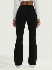 Women's Solid Basic Daily Casual Sports Flared Pants With Pockets - Black - View 2