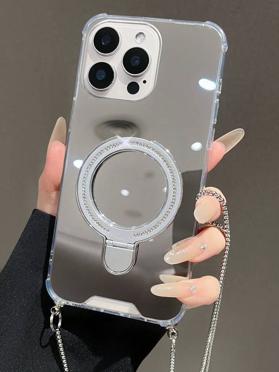 极简时尚ins风磁吸式闪亮镜面手机壳带链条