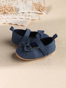 1 Pair Girls' New Bow Hook And Loop Canvas Casual Flat Shoes, Solid Color Baby Shoes Suitable For Spring & Autumn - Blue - View 5
