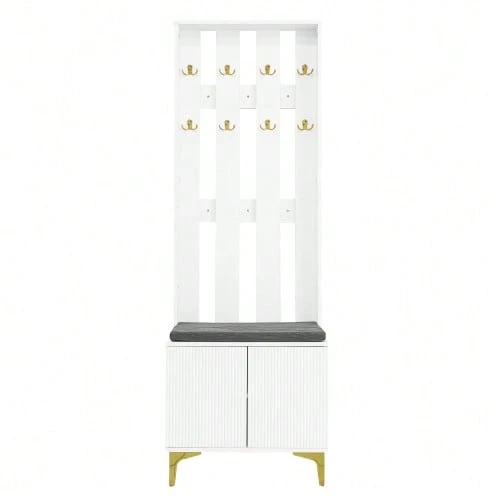 Wardrobe Set With Shoe Bench And Cushion, Wardrobe Front With Hooks [OLD SKU: WF32579234W] - White - View 1