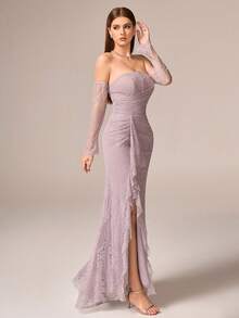 VIPGIRL Luxury Elegant Women's Long Lace Dress, Strapless Off Shoulder With Ruffles Slim Fit For Evening Party, Valentine's Day Wedding Spring - Dusty Pink - View 8