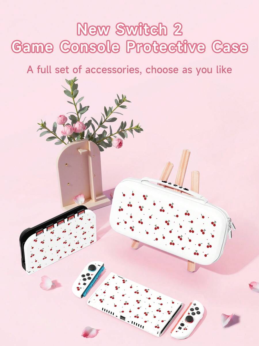 1个可爱樱桃波点图案保护壳，兼容Switch2 (2025)/Switch NS/Switch OLED/Lite，Switch/Switch 2游戏机配件，全套包含收纳袋、卡槽底座，Switch玩家的最佳礼物 - 彩色 - 查看 1