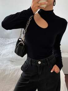 Livesso Cut Out Asymmetrical Neck Tee Going Out Tops,Fall Clothes Long Sleeve Women Tops Turtleneck Women - Black - View 4