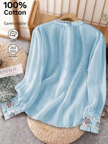 Damen Vintage bestickte weite Boho-Stil Bluse, lässiges Top für Frühling und Herbst - Blau - Übersicht 3