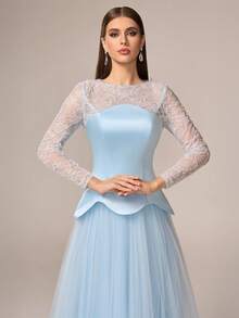 VIPGIRL Elegant Luxury Women's Formal Dress, Round Neck Lace Sleeves, Contrast Color Flared Mesh Dress, Valentine's Day Party - Baby Blue - View 9